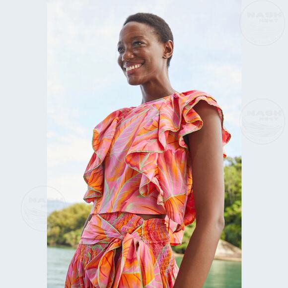 Farm Rio Bright Forest Set | Tropical Ruffle L Top, Smocked M Pants Resort Wear - Picture 5 of 10